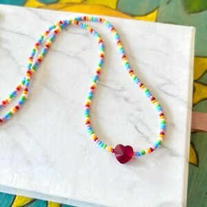Rainbow Bead Necklace w/ Red Heart Center